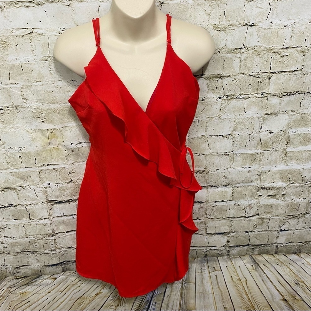 Everly Red Ruffle Sleeveless Spaghetti Strap Wrap Top